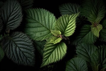 Overhead shot of lush, textured, green leaves. One set of three leaves is lighter, brighter and more vibrant than the surrounding darker foliage