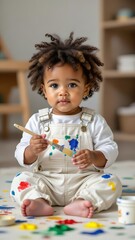 Toddler holding paintbrush sits on floor, colorful paint splatters on jumpsuit, small smile, soft natural light. Concept of artistic toddler holding paintbrush in cozy indoor setting.