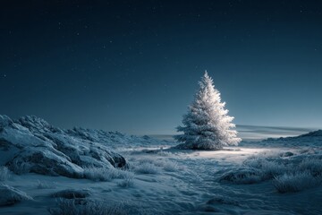 Serenity in snow: the perfect christmas eve with stars above. Visual balance. A holiday tableau: verdant tree and starry night wrapped in yule cheer. Advertising photo. Minimal design.