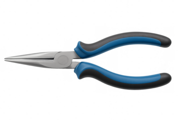 Needle nose pliers with blue and black handles on transparent background