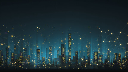 Twilight in the Smart digital Innovation city with connection network reciprocity over the cityscape. of future smart wireless digital city and social media networking systems that connects people