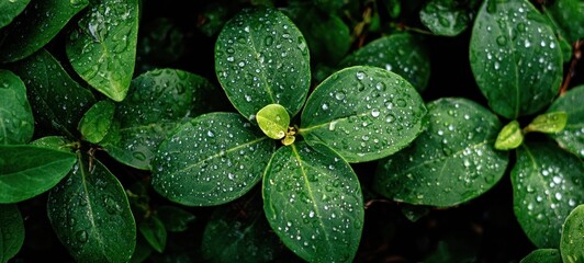 Lush green foliage glistens with dewdrops, creating a refreshing and vibrant close-up of nature's intricate beauty and serene freshness