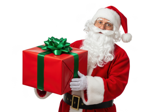 Jolly santa claus in red suit holding a wrapped gift with a green bow for christmas joy transparent background