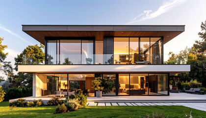 Fototapeta premium Architectural Shot of a Modern Two-Story House at Sunset