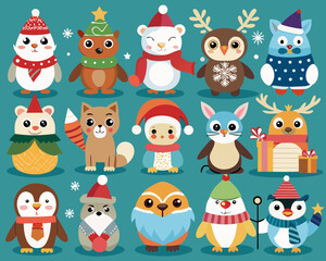 Collection of adorable cartoon christmas animals in festive attire
