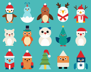 Naklejka premium Cute christmas animals and characters collection