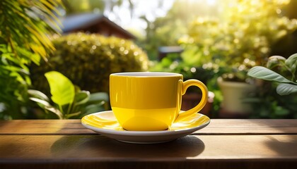 Obraz premium A Vibrant Yellow Mccafe Coffee Cup Sits On A Wooden Table Surrounded By A Cheerful Outdoor Setting With Yellow Accents