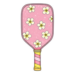 Cute pink pickleball paddle with white floral pattern and striped handle isolated on transparent background