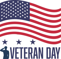 Veteran Day graphic showing a saluting soldier silhouette and the US flag. Great for holidays, remembrance, and patriotism.