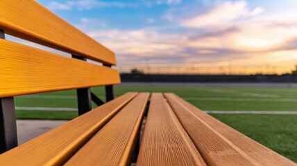 Turf Sports Aesthetic concept. Empty bench overlooking a field at sunset with vibrant colors.