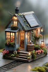 Fototapeta premium Whimsical tiny house with solar panels and garden barrels perched on rails in lush garden setting