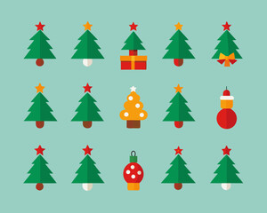 Collection of flat design christmas trees and ornaments