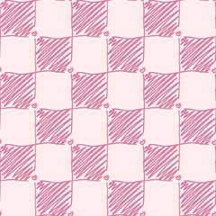 Seamless checkered gingham pattern in pink tones with heart details, cute and romantic.