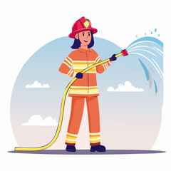 Illustration of a Firefighter in Uniform Holding a Hose with Water Spray