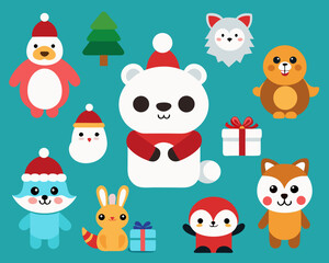Cute christmas animals and gifts on teal background