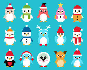 Cute cartoon christmas animals in festive winter attire