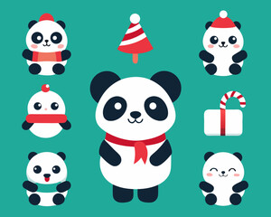 Cute christmas pandas and festive elements on teal background