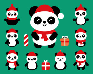 Cute christmas pandas wearing santa hats and scarves with gifts