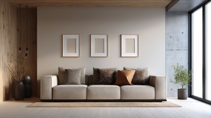 Fototapeta premium Beige fabric sofa with decorative pillows set against a neutral wall framed by natural wood panels
