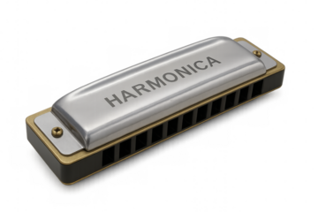Harmonica musical instrument lying on transparent background