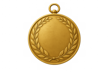 Blank gold medal with laurel wreath on transparent background representing achievement and honor