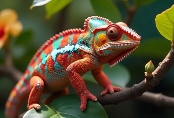 Fototapeta premium Vivid Colorful Chameleon on Branch in Natural Habitat Portrait