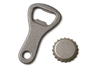 Metal bottle opener opening a beer cap on transparent background