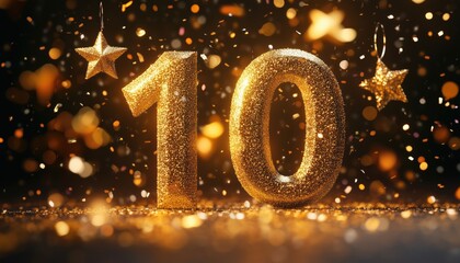 Sparkling Golden Numbers And Festive Decorations: 10th Anniversary Celebration With Confetti, Stars, Glitters, And Streamer Ribbons For Realistic Party Event Decoration