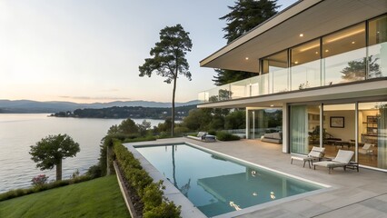 Empty swimming pool with sunbed and white umbrella in resort hotel for vacation leisure and white sand,resort neary sea and beach in summer.