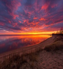 Stunning sunset view over calm water reflecting fiery colors, with a sandy beach and sparse vegetation in the foreground