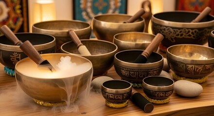 Serene Harmony Tibetan Singing Bowls create a calming atmosphere, their resonant tones promoting relaxation and inner peace. A mystical scene of meditation and tranquility.