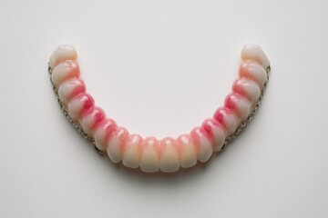 Obraz premium Dentures, a prosthetic dental appliance, sit against a plain white backdrop. Acrylic teeth line the metal frame. Gums have subtle color variations