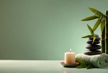 Serene arrangement stacked stones, lit candle, bamboo stalks, green towel, and leaves create a tranquil spa aesthetic against a soothing green backdrop
