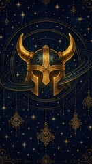 Fototapeta premium Golden Viking helmet cosmic illustration.