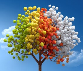 A vibrant, stylized tree depicting the four seasons with green, yellow, orange, and white leaves under a blue sky with fluffy white clouds