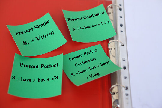 Educational sticky notes showing grammar rules for Present Simple, Present Continuous, Present Perfect, and Present Perfect Continuous tenses, useful for English teaching, study, and learning tools.  