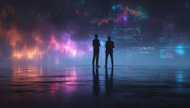 Two silhouetted figures stand before a vibrant, abstract wall of data with neon colors reflected on a glossy, dark floor - Powered by Adobe