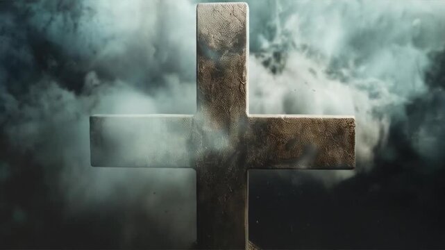 A cross against a backdrop of dark clouds and destruction symbolizes tragedy or catastrophe. Use in materials about natural disasters, crises, and themes of recovery and hope after destruction.
