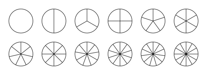 Parts of diagram wheel from 1 to 12. Template of pie chart. Coaching blank. Segmented charts. Sectors divide the circle on equal parts. Outline black graphics. Pie charts, pizza charts set. 12 circles