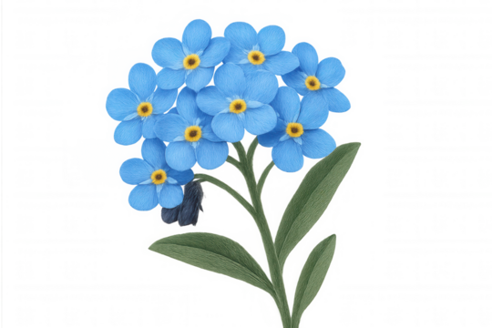 Delicate forget-me-not flower blooming, displaying vibrant blue petals, yellow center, green leaves against transparent backdrop - Powered by Adobe