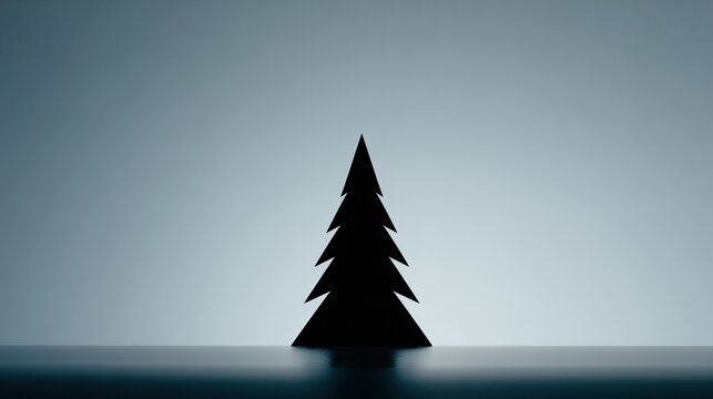 Minimalist dark pine tree silhouette with layered triangular forms standing centrally on dark ground with soft reflection, against subtle blue-gray gradient background with granular texture