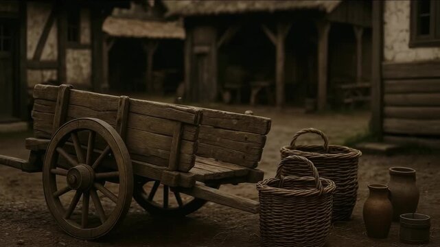 Wooden Cart and Baskets &ndash; Close-Up