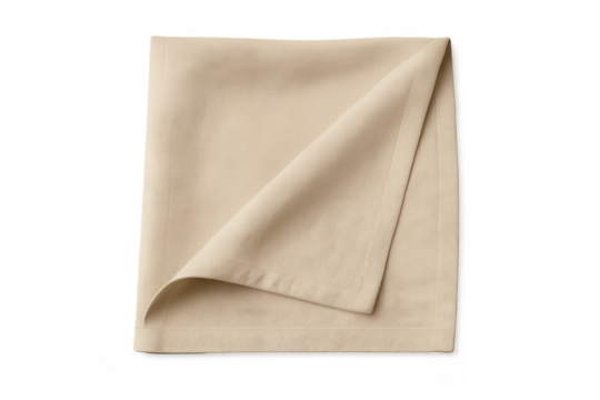 Beige folded cloth napkin mockup on transparent background