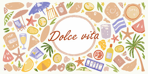 Sweet life summer vacation vibes with tropical fruits beach umbrella and palm tree