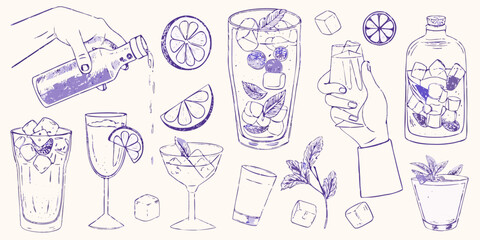Obraz premium Hand drawn collection of refreshing summer cocktails and ingredients with ice cubes and citrus slices