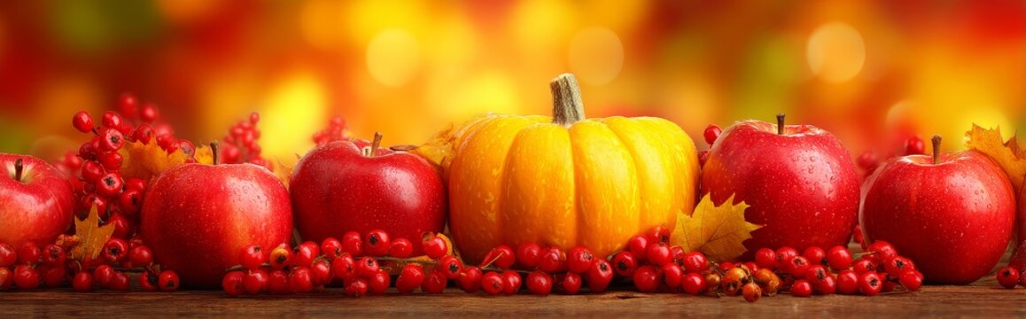 Autumn harvest banner with pumpkins and apples rustic fall season background cozy thanksgiving decoration