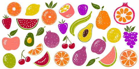 Vibrant hand drawn collection of assorted fruits and berries on a white background