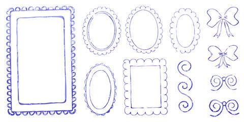 Collection of hand drawn blue watercolor frames bows and decorative swirls on a white background