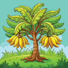 A Vibrant Banana Tree Cartoon Scene with Lush Greenery and Ripe Yellow Fruit Against a Serene Sky Backdrop