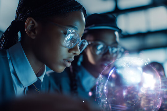 School students with VR headsets using AI artificial intelligence technology & machine learning. Interactive technology in classroom. Innovation & smart tech. AI blue hologram in education